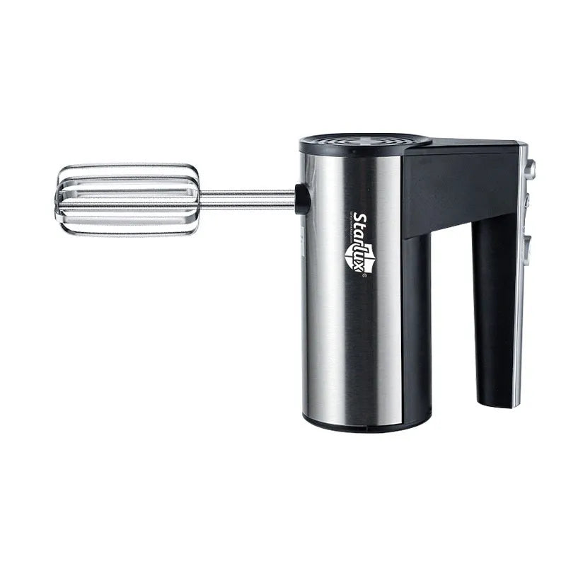 White handheld electric mixer with five speed settings and dual voltage compatibility for baking