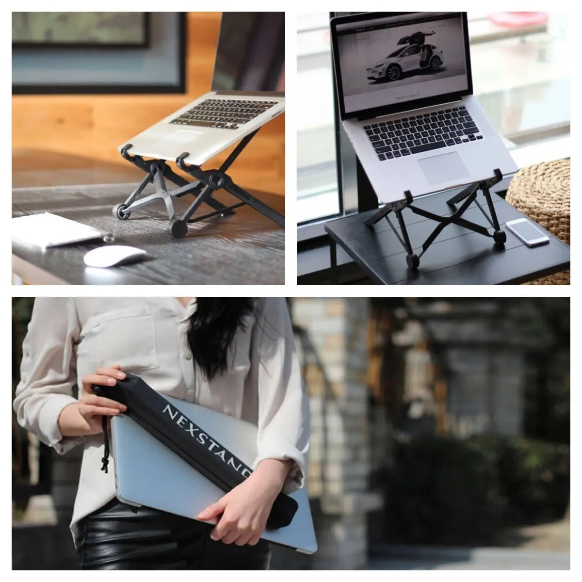 Black portable folding laptop riser on desk with 40cm wide platform