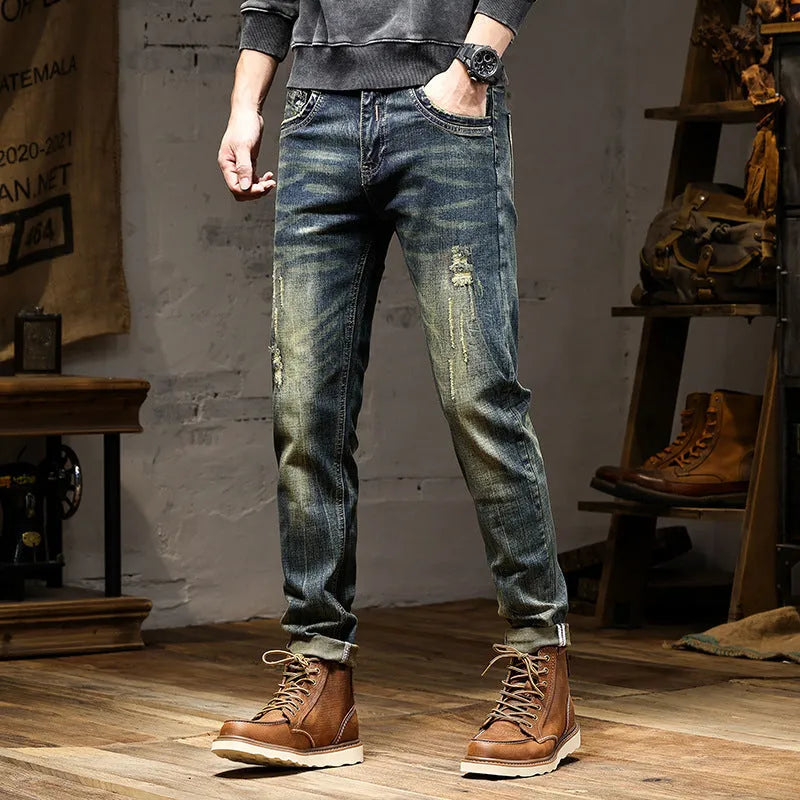 Men's retro colour skinny jeans with a zip fly, shown laid flat