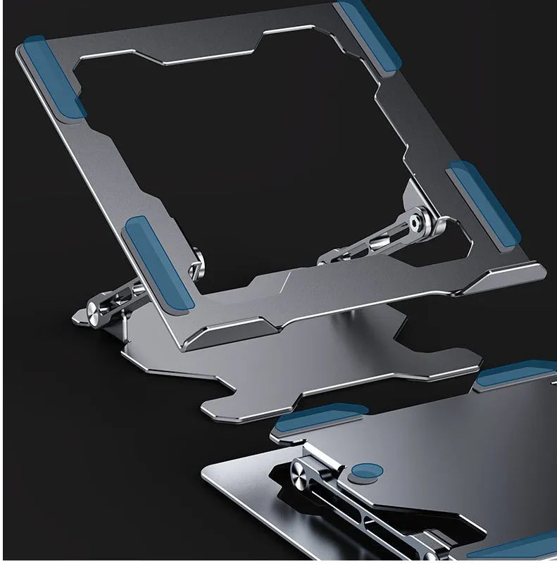 Grey aluminium alloy laptop stand showing adjustable angle mechanism and hollow heat dissipation design