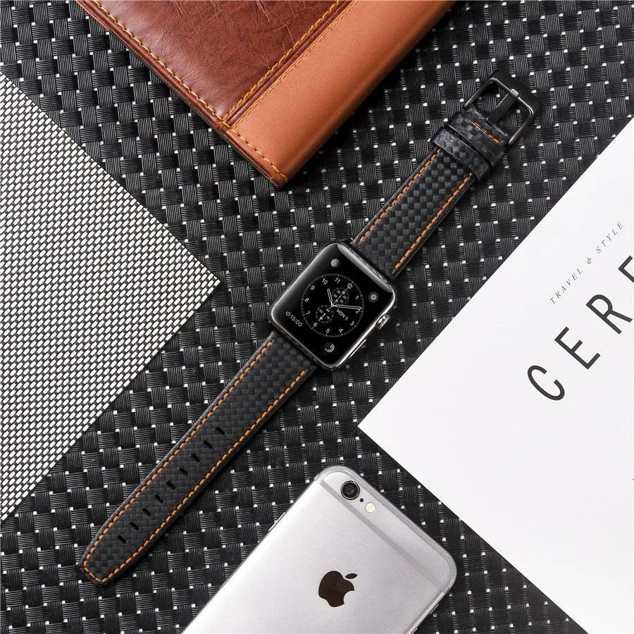 Carbon fibre and leather iPhone watch strap with PC hard shell case in red, black, orange, and blue thread options.