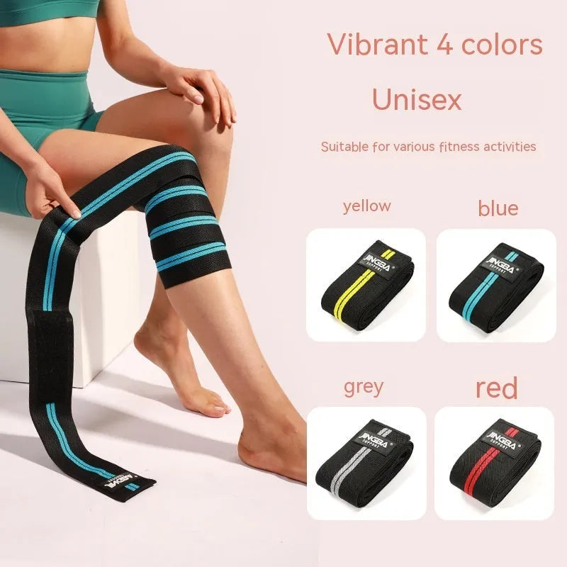 Adjustable free-size sports knee pads in blue, yellow, red, and grey for adult weightlifting and cycling