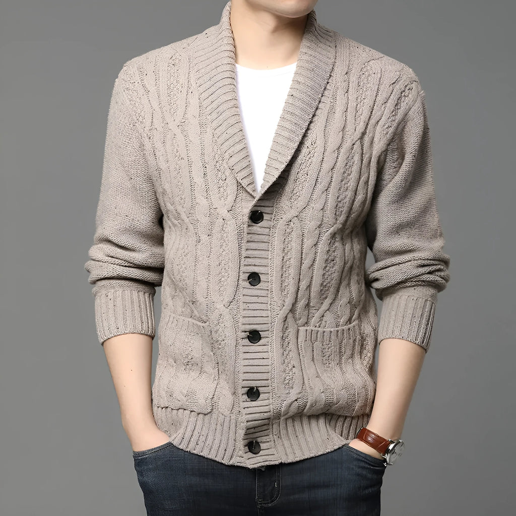 Men's Korean style jacquard patterned knitted cardigan jacket in neutral colours