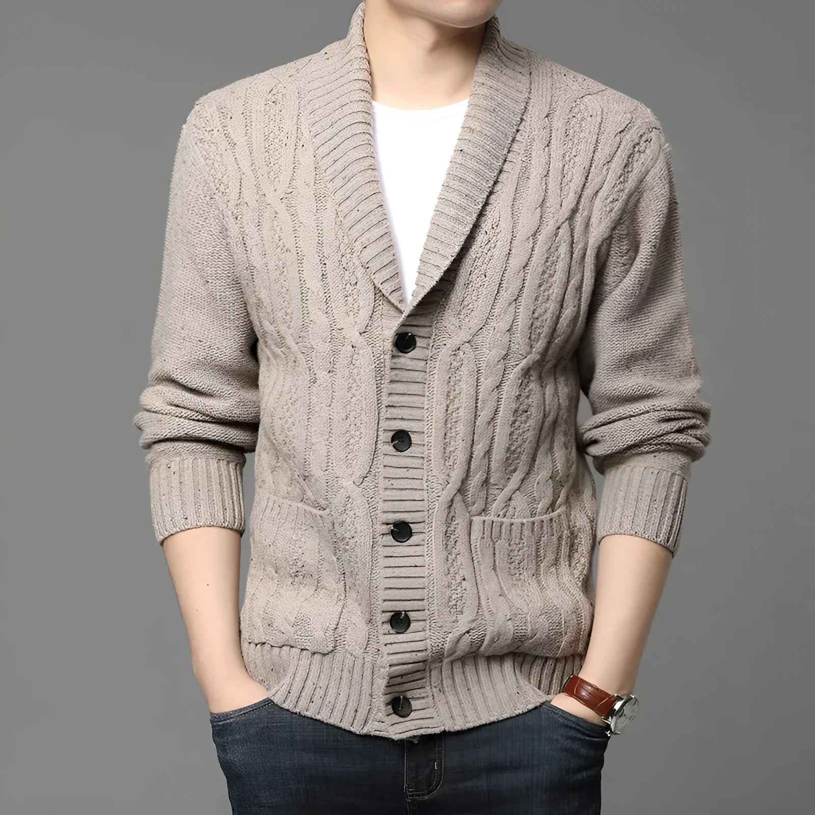 Men's Korean style jacquard patterned knitted cardigan jacket in neutral colours