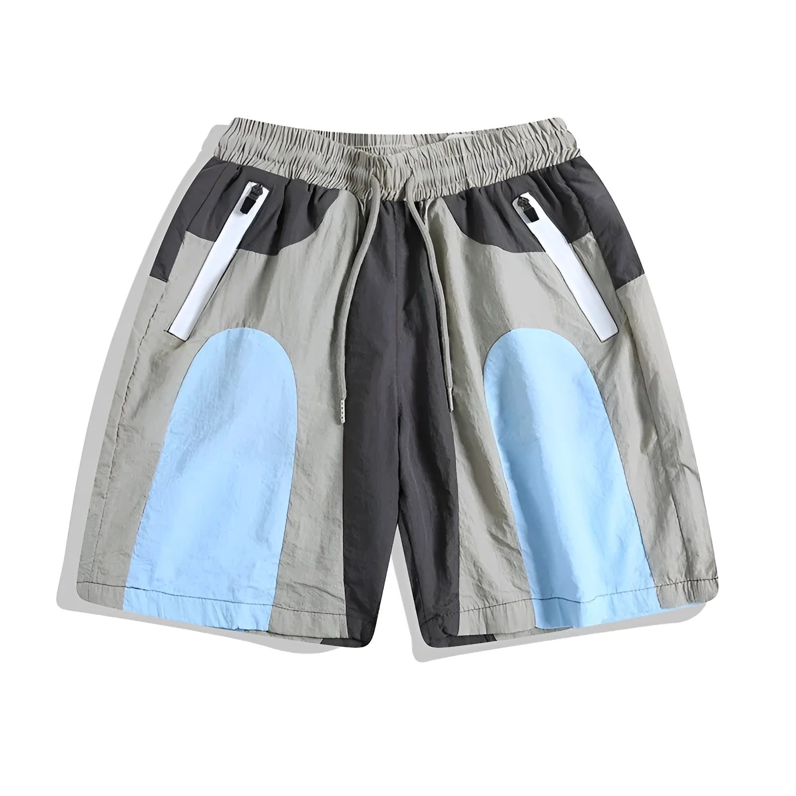 Blue patchwork quick-drying beach shorts with loose straight-leg fit and micro-elastic waistband