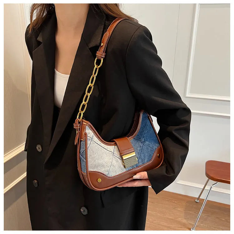Brown denim women's shoulder bag with diamond mesh detail and double chain shoulder straps