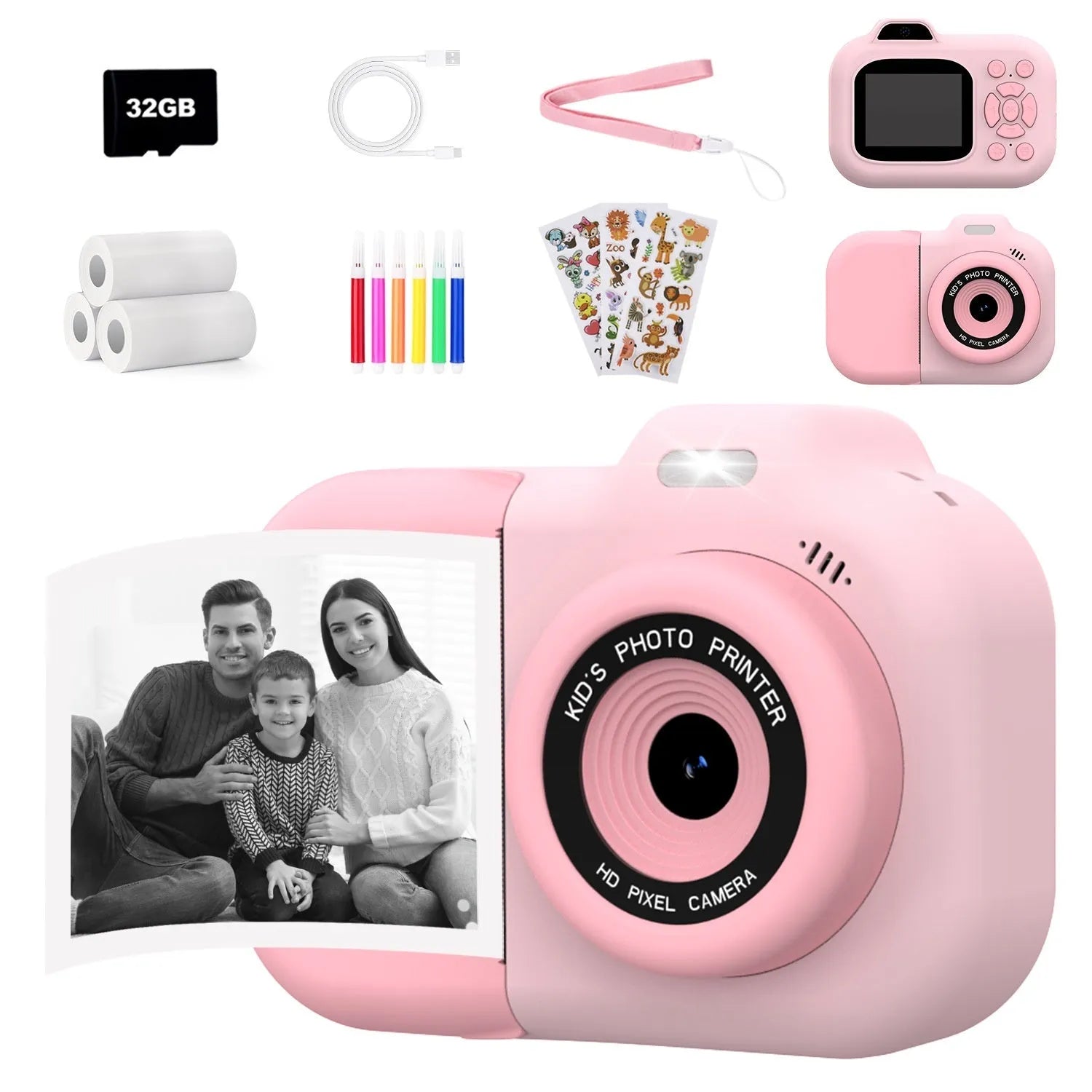 Children's digital camera in pink, blue or purple with video recording and game functions
