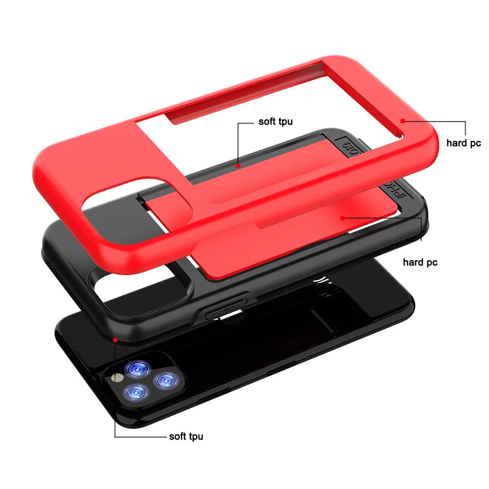 A solid-colour hard back cover case for the iPhone 11, shown in a choice of black, red, pink, blue, dark blue, and purple.