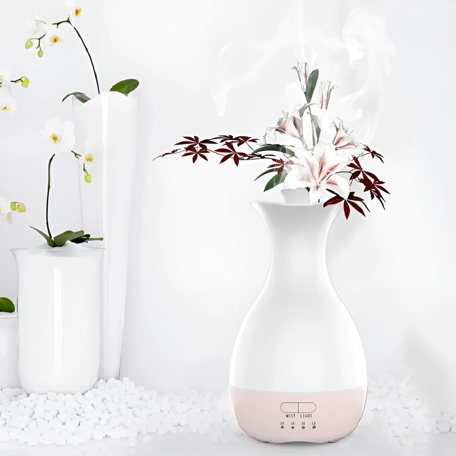 White or pink ultrasonic aromatherapy vase humidifier with colourful night light feature