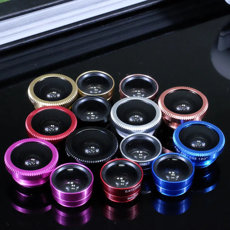 Mobile phone camera lens kit with fisheye and macro functions in various colour options on a smartphone.