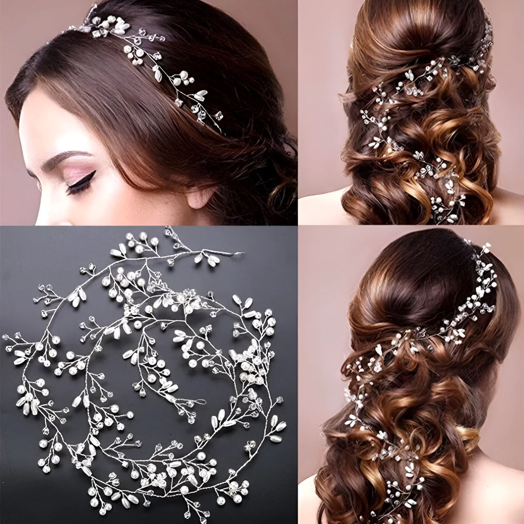 Bridal long hair band with pearls on wire, in gold silver or rose gold, showing length options.