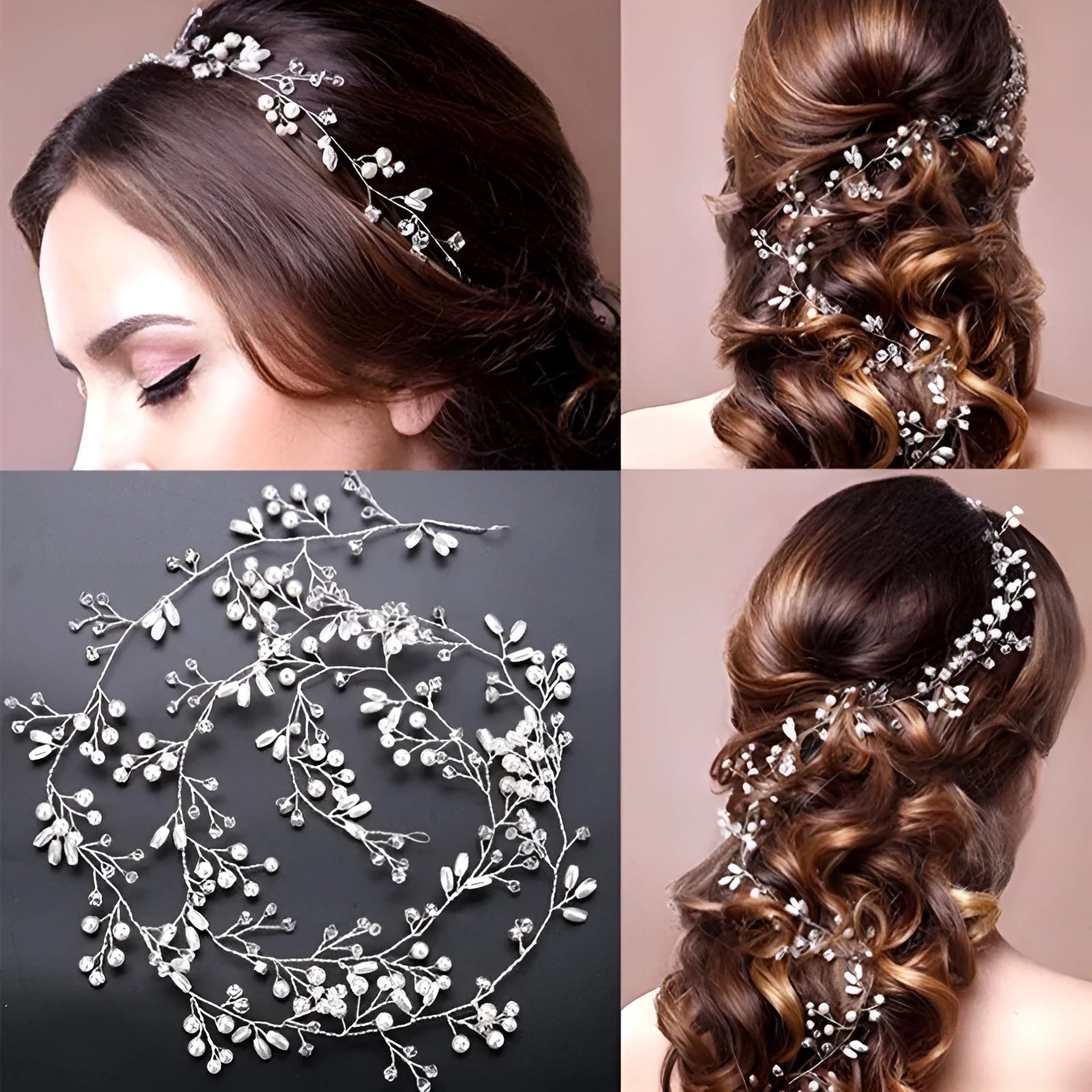 Bridal long hair band with pearls on wire, in gold silver or rose gold, showing length options.