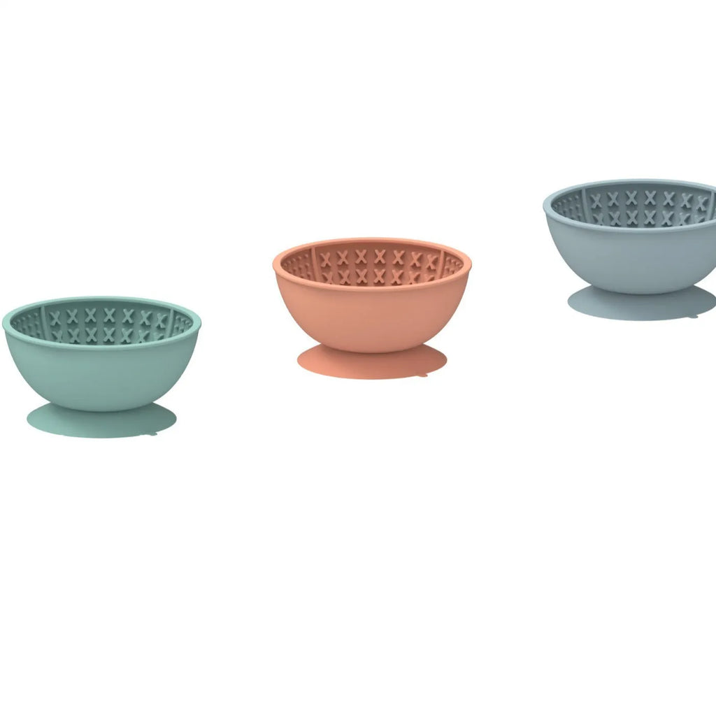 Cyan silicone pet licking mat with central slow feeding bowl and suction cup base