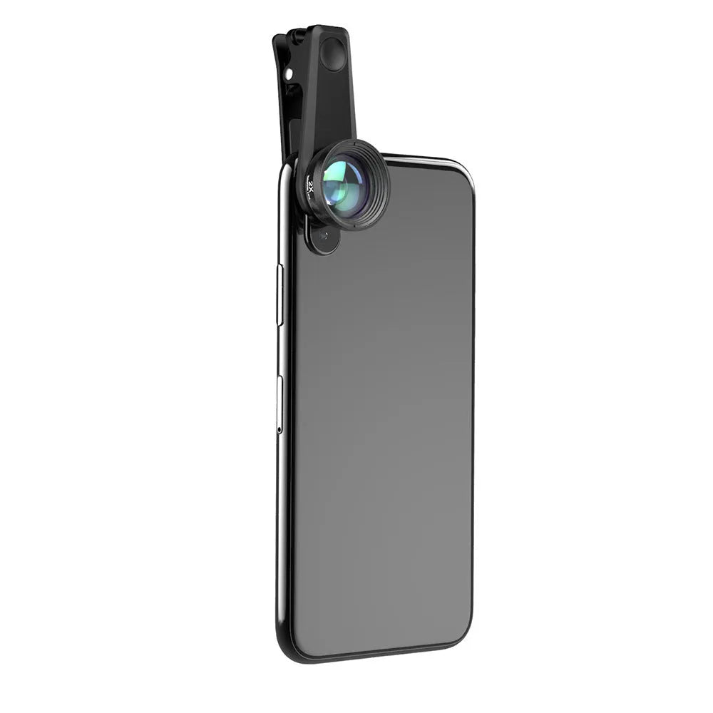 Black aluminium 6-in-1 smartphone camera lens kit with fisheye, macro, wide-angle, telephoto, CPL and star filters