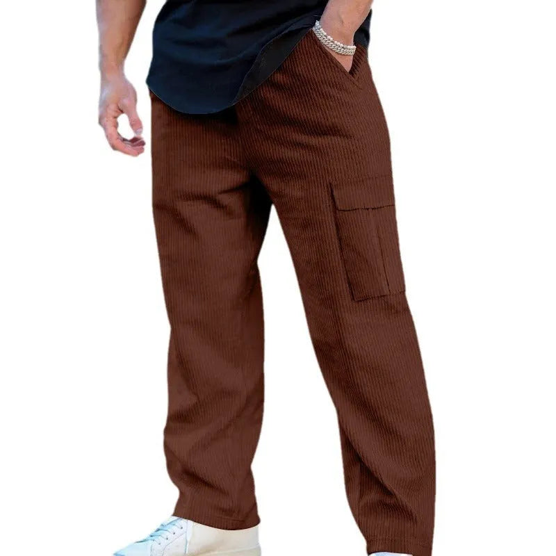 Men's straight-leg corduroy cargo trousers in navy blue with drawstring waist