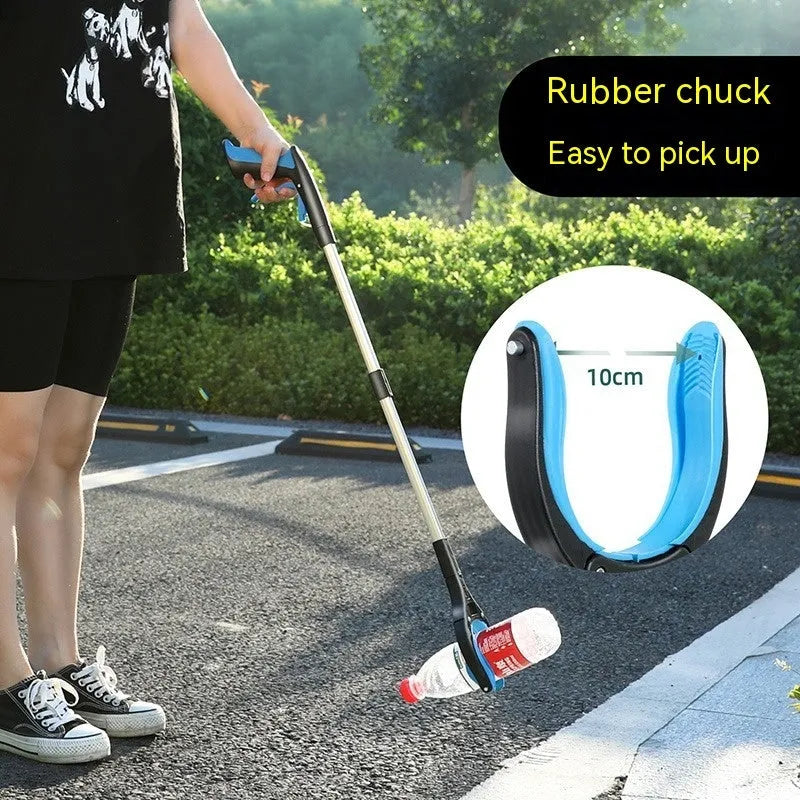 Blue plastic and aluminium alloy adjustable clip for securing a rubbish bag on a bin rim.