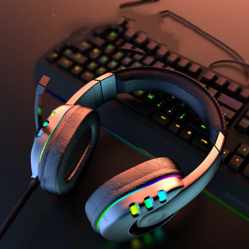 Gaming headset with LED breathing light, 40mm drivers, and omnidirectional microphone on a black surface