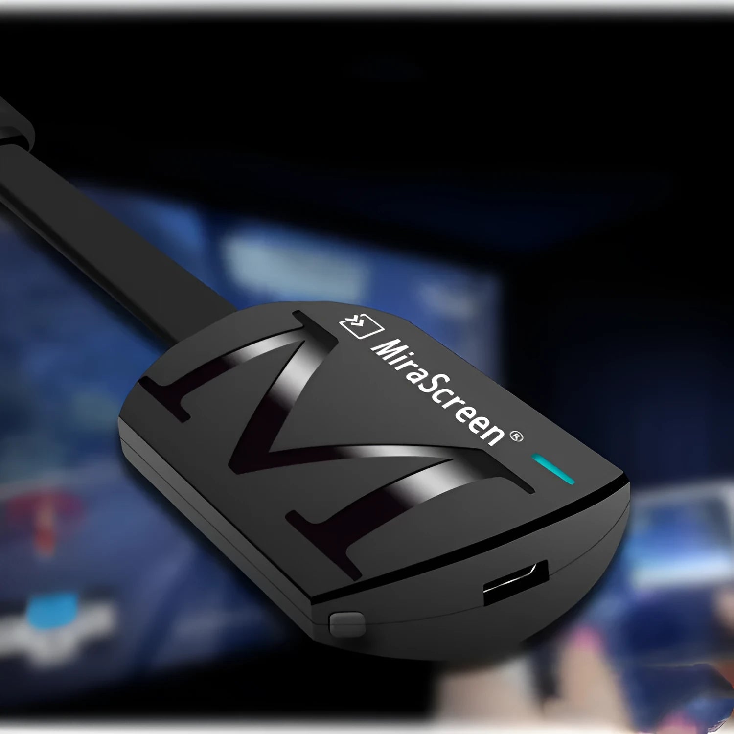 Black USB HDMI smartphone television adaptor dongle measuring 52mm by 26mm