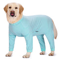 Thin striped four-legged dog shirt on a large breed dog, shown in sky blue, black dark blue stripe, and brown colour options.