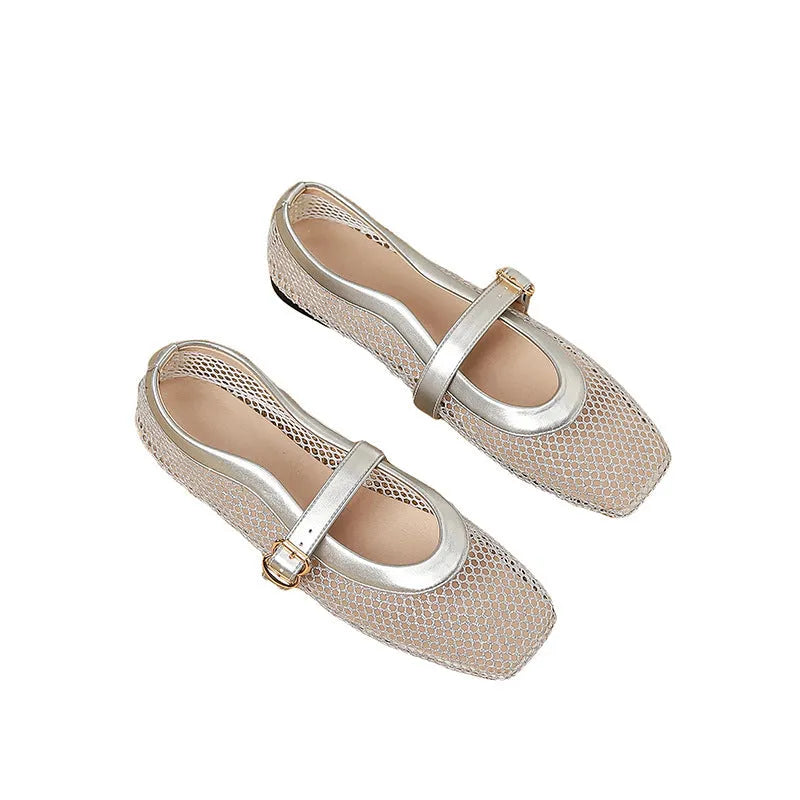 Women's summer mesh pumps with hollow out design, buckle closure, and low flat heel in multiple colour options