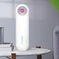 White portable UV sterilizer showing compact 116mm design with dimensions and battery specifications