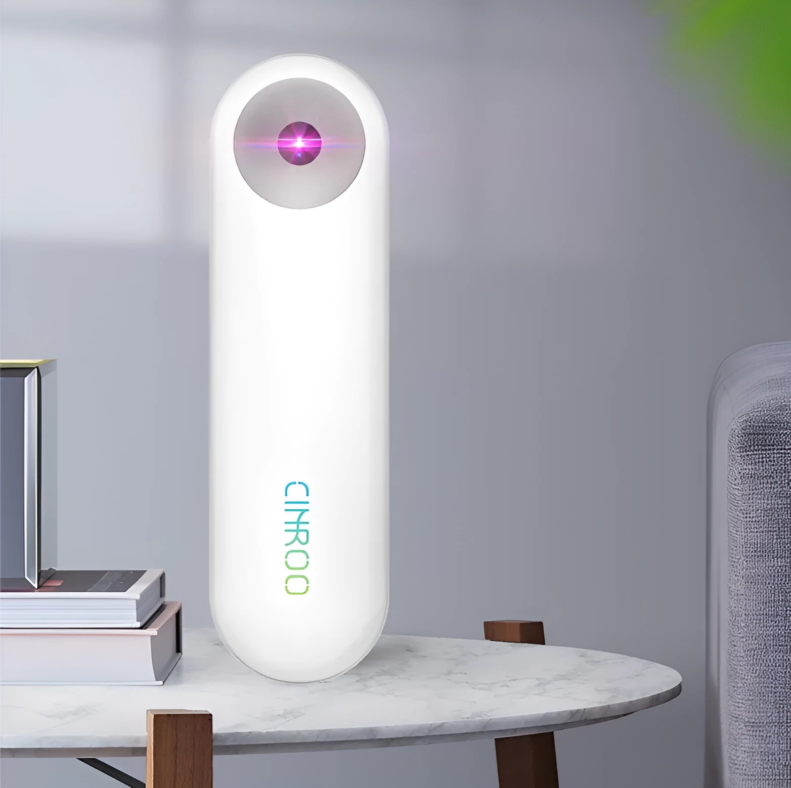 White portable UV sterilizer showing compact 116mm design with dimensions and battery specifications