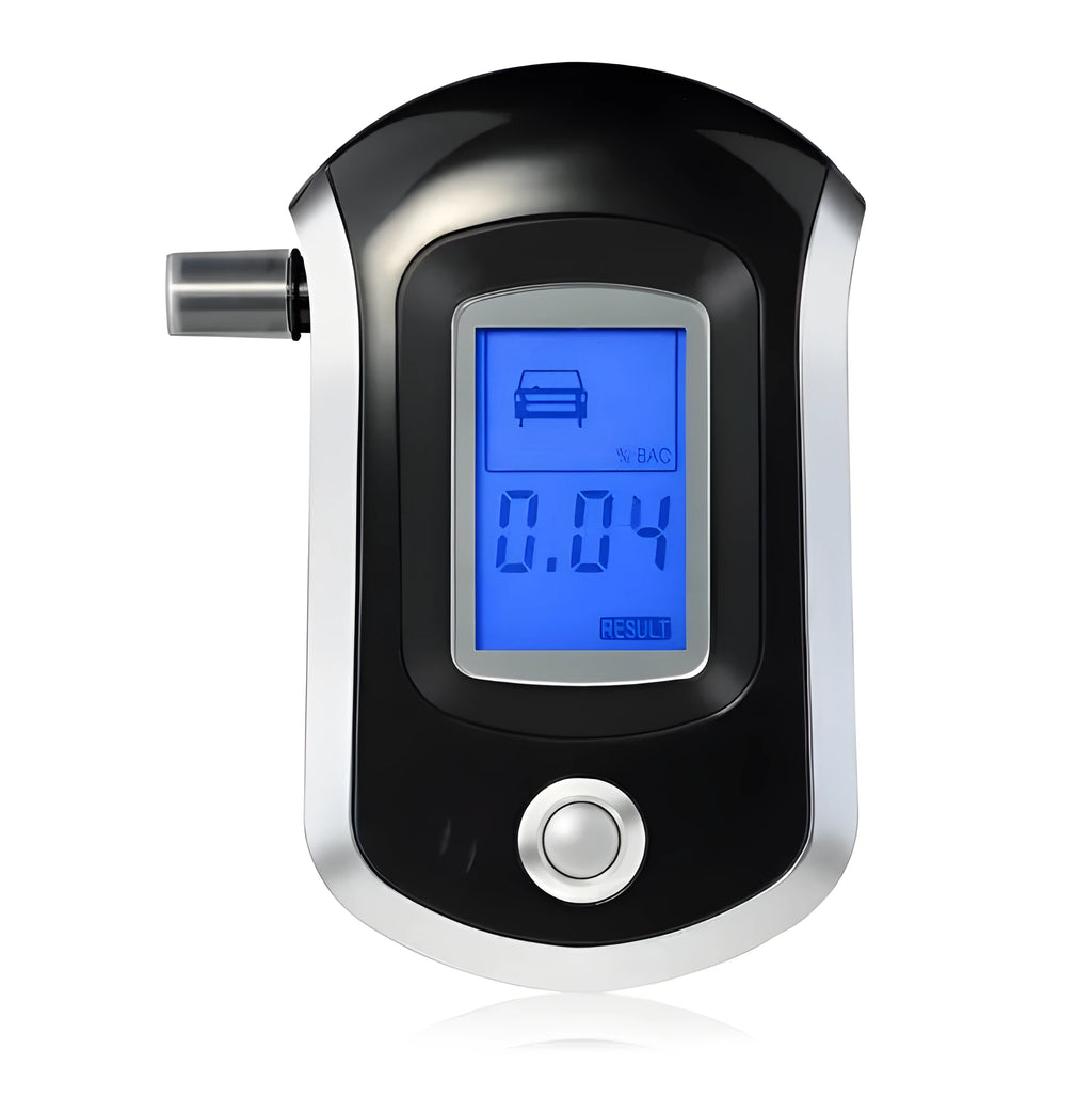 Black portable alcohol tester with digital screen and mouthpiece