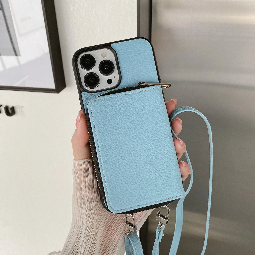 Litchi patterned iPhone protective case in various colours, showing PC and leather construction.