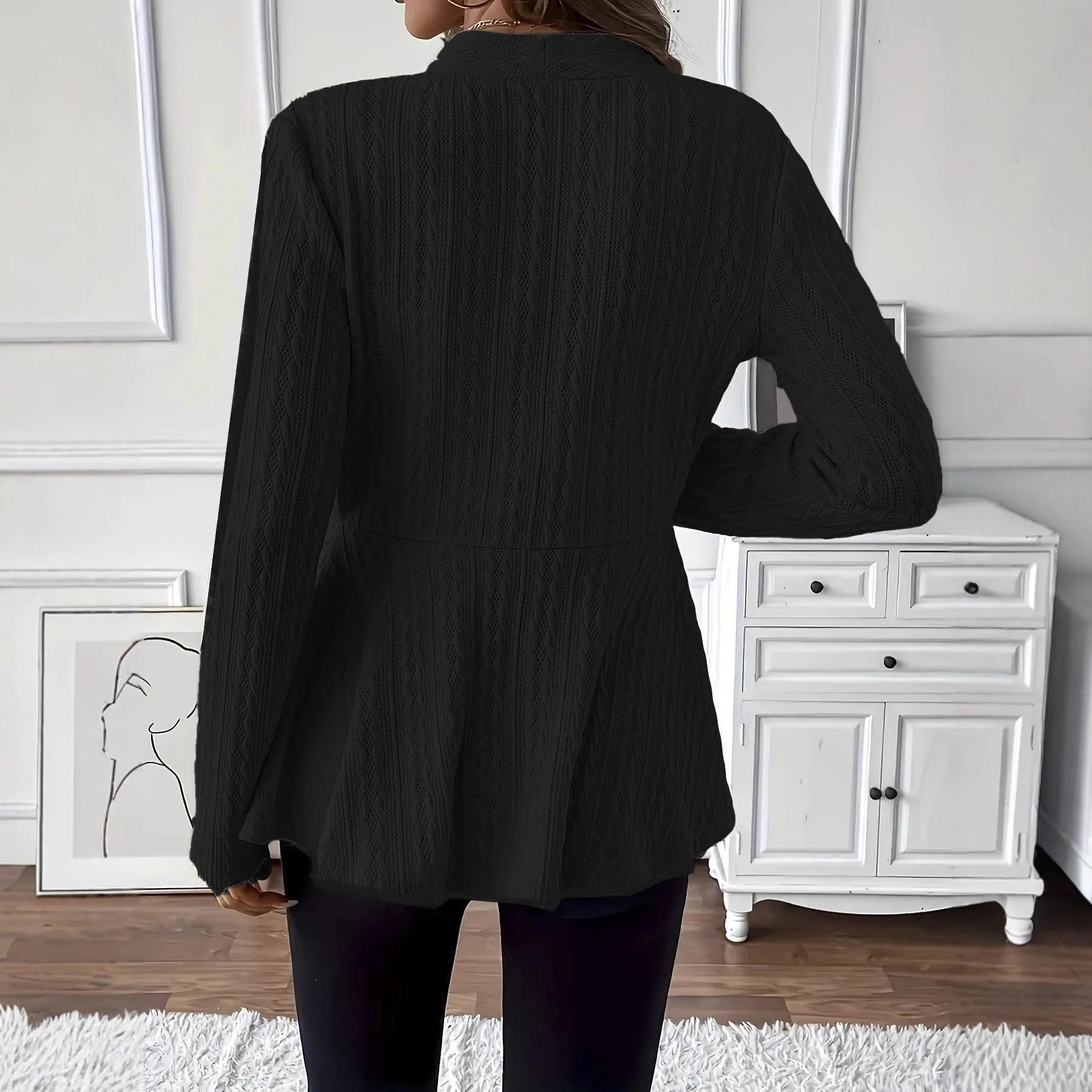 Women's apricot Jacquard pattern knitted cardigan with one button closure and long sleeves