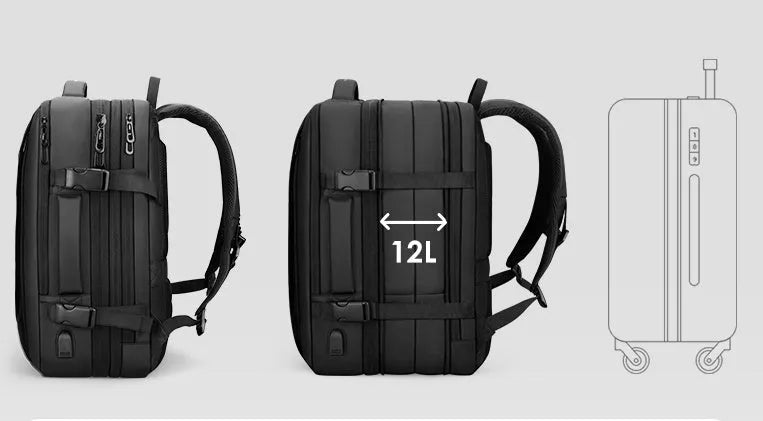 Large black men's backpack with multiple zippered pockets and 36-55 litre capacity