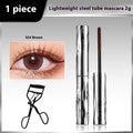 Waterproof steel tube mascara with black and brown colour options and eyelash curler