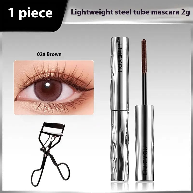 Waterproof steel tube mascara with black and brown colour options and eyelash curler