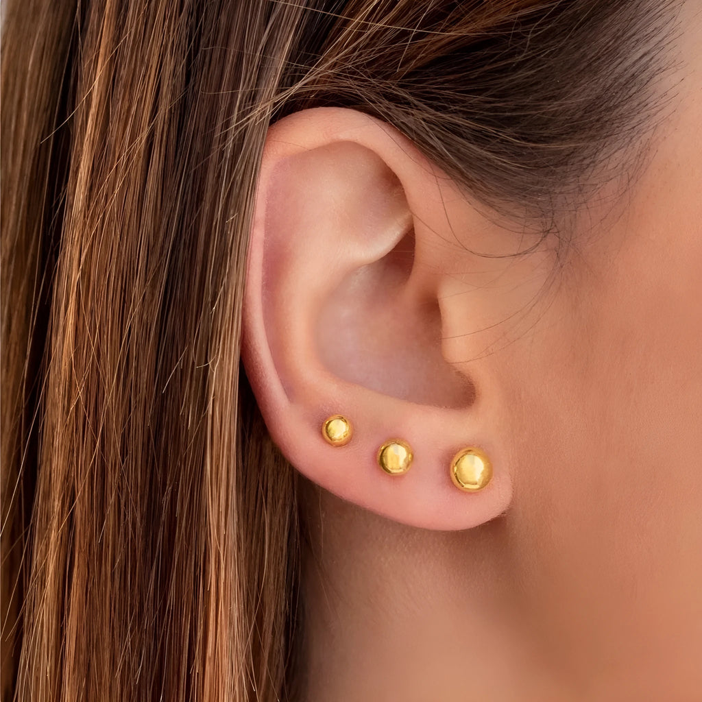 Titanium steel ball stud earrings with gold or silver electroplated finish in 3mm, 4mm, 5mm, 6mm sizes