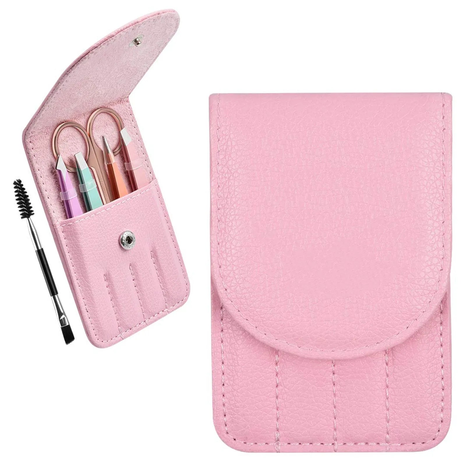 Professional 6-piece stainless steel eyebrow tweezer set with curved scissors and leather case