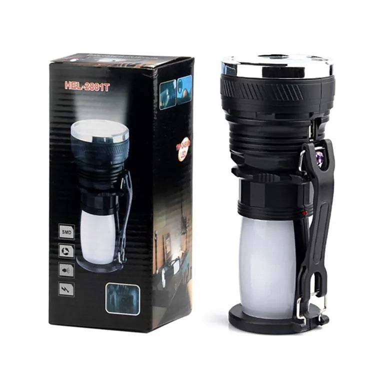 Black solar-powered LED emergency flashlight with USB charging port