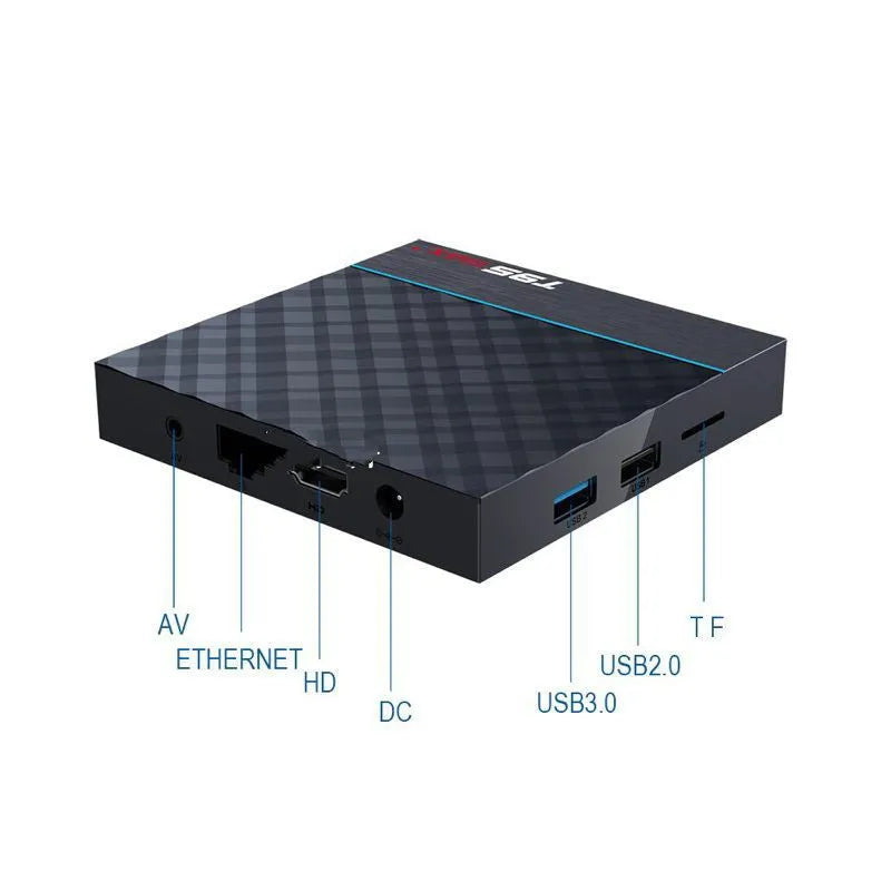 Black T95 Max Plus Android TV box with remote control on a table.