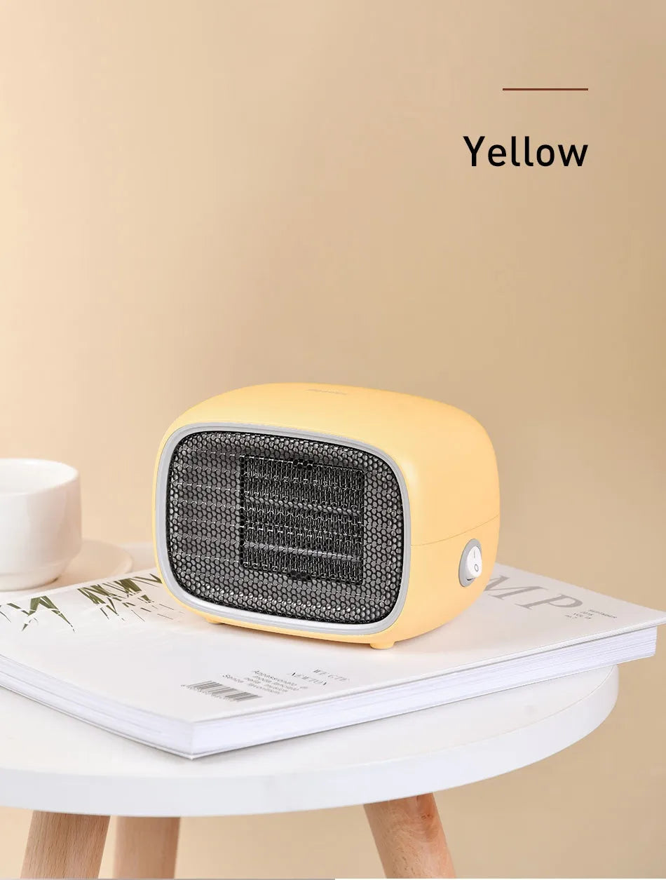 Mini ceramic heater in green, white, or yellow colours showing compact design with dimensions