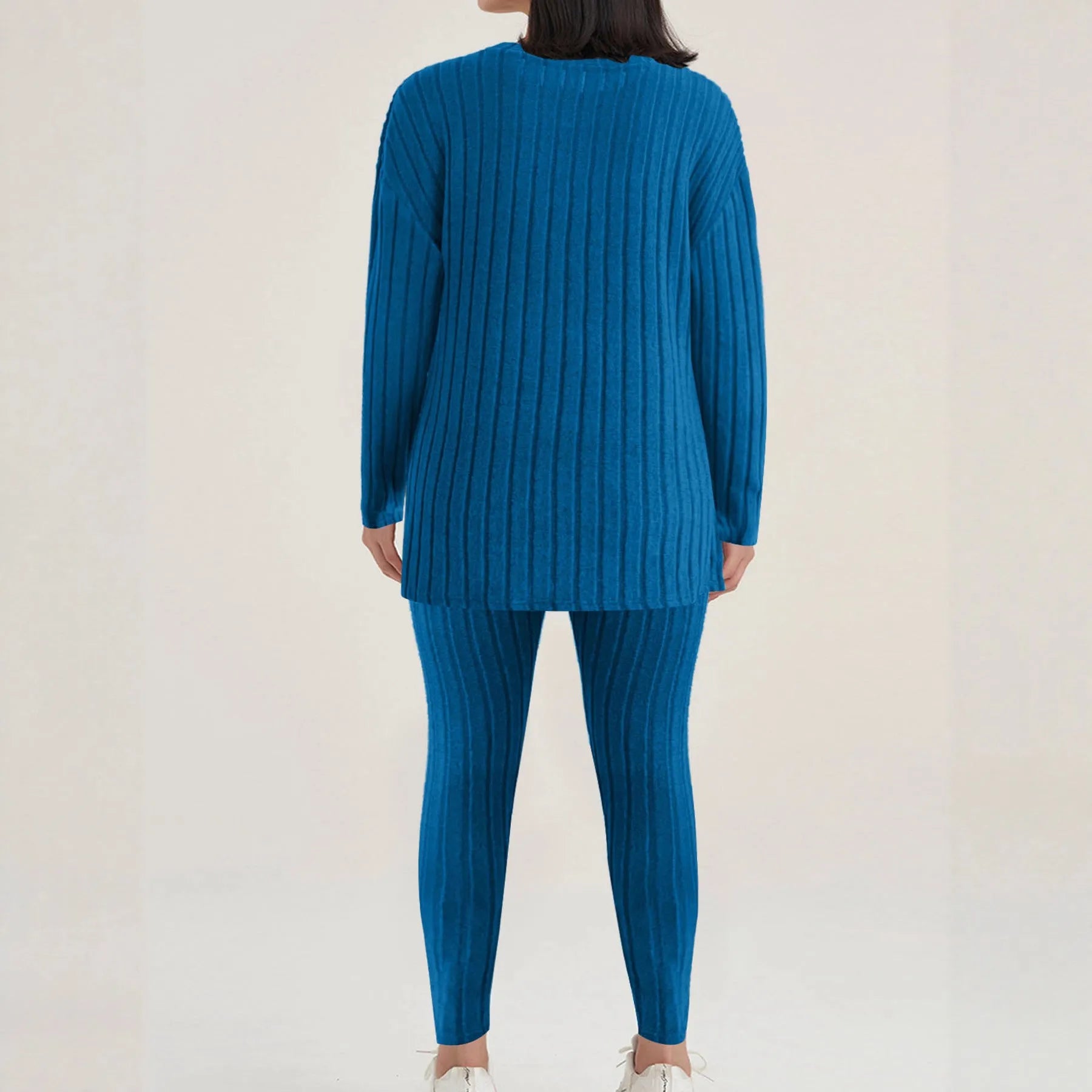Sunken stripe black and blue polyester two-piece homewear set with regular sleeves