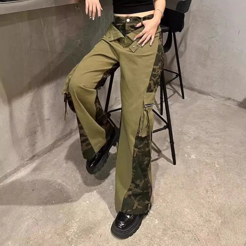 Dark khaki leopard print high waist tooling pants with fake two stitching detail on straight leg denim jeans