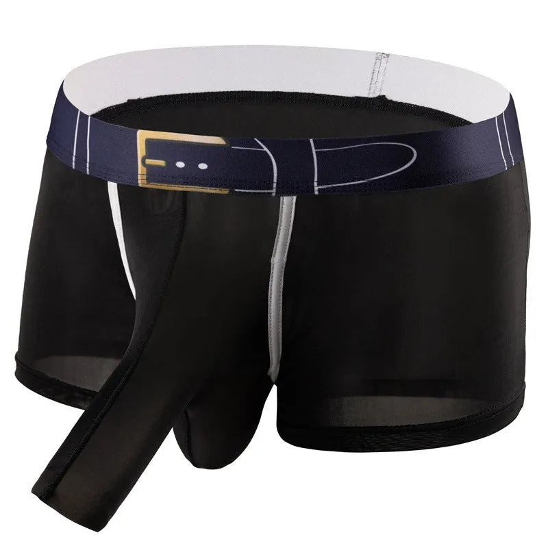 Men's solid colour ice silk boxer shorts laid flat, showing mid-waist design.