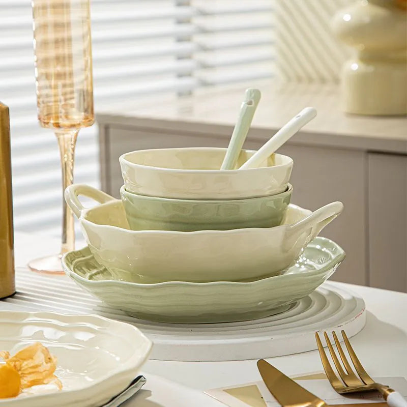 Solid colour ceramic tableware set with seven pieces showing modern simple design