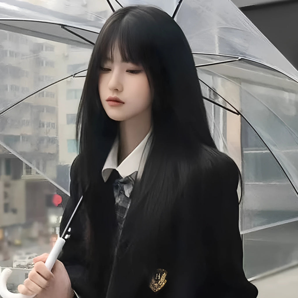 Black long straight wig with bangs made from high temperature fibre material