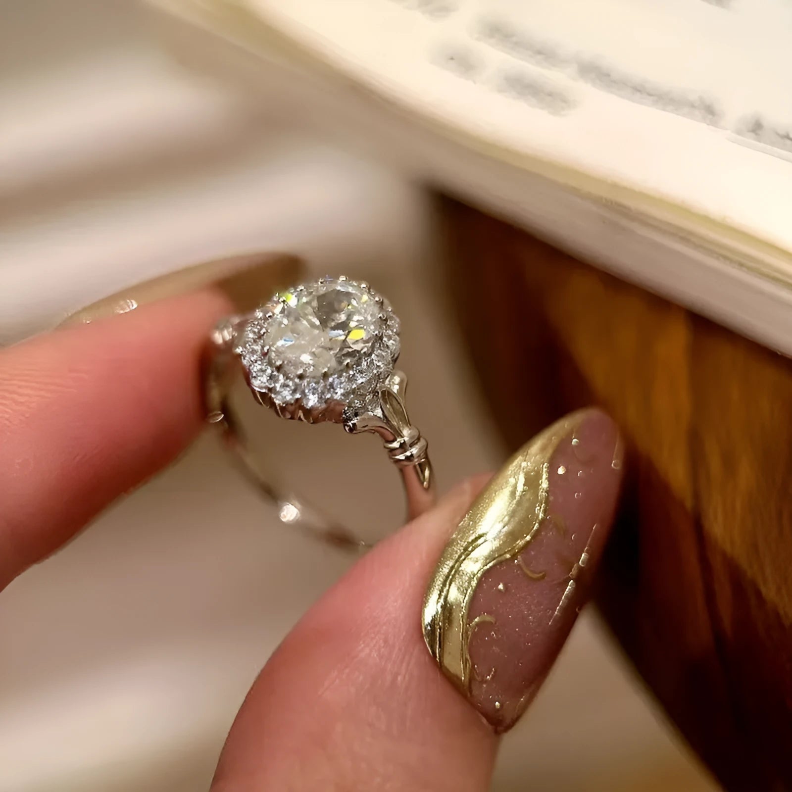 Silver geometric bridal bouquet ring with diamond treatment and adjustable opening