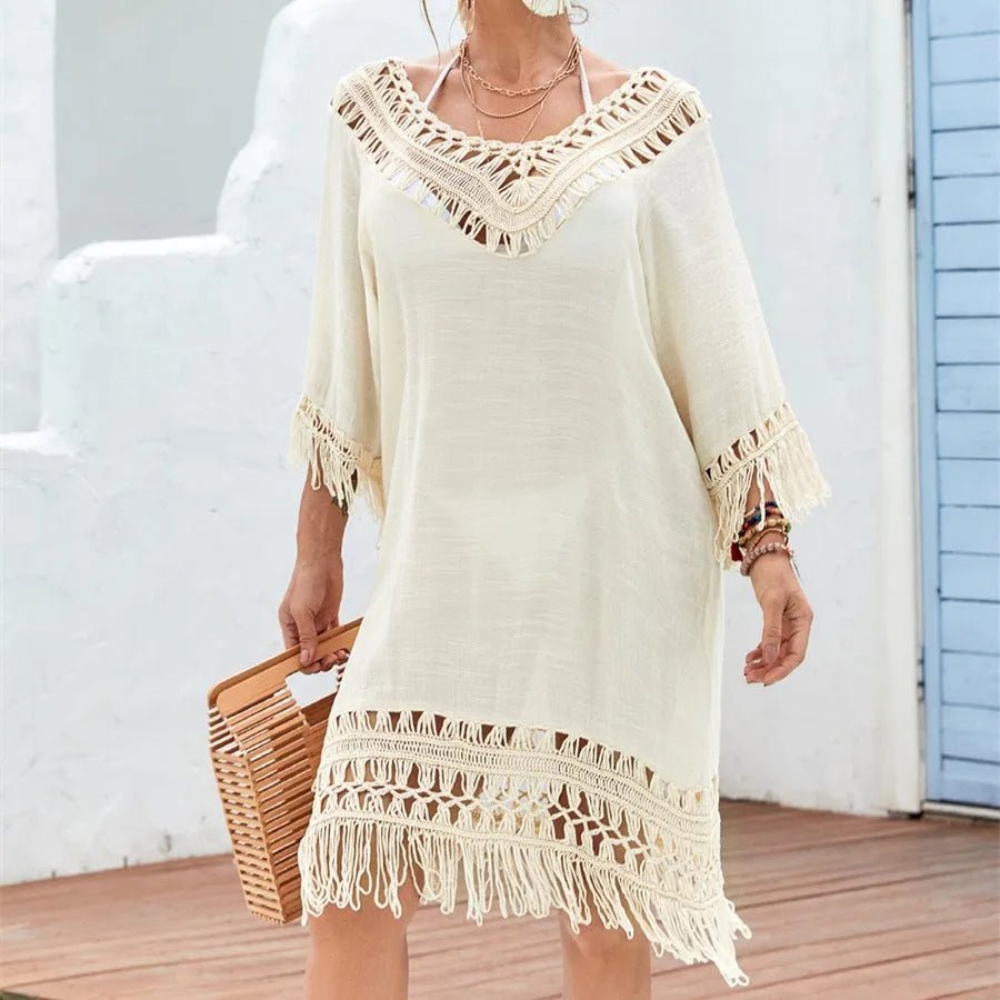 Apricot crocheted patchwork beach dress with mid-length skirt and half sleeves