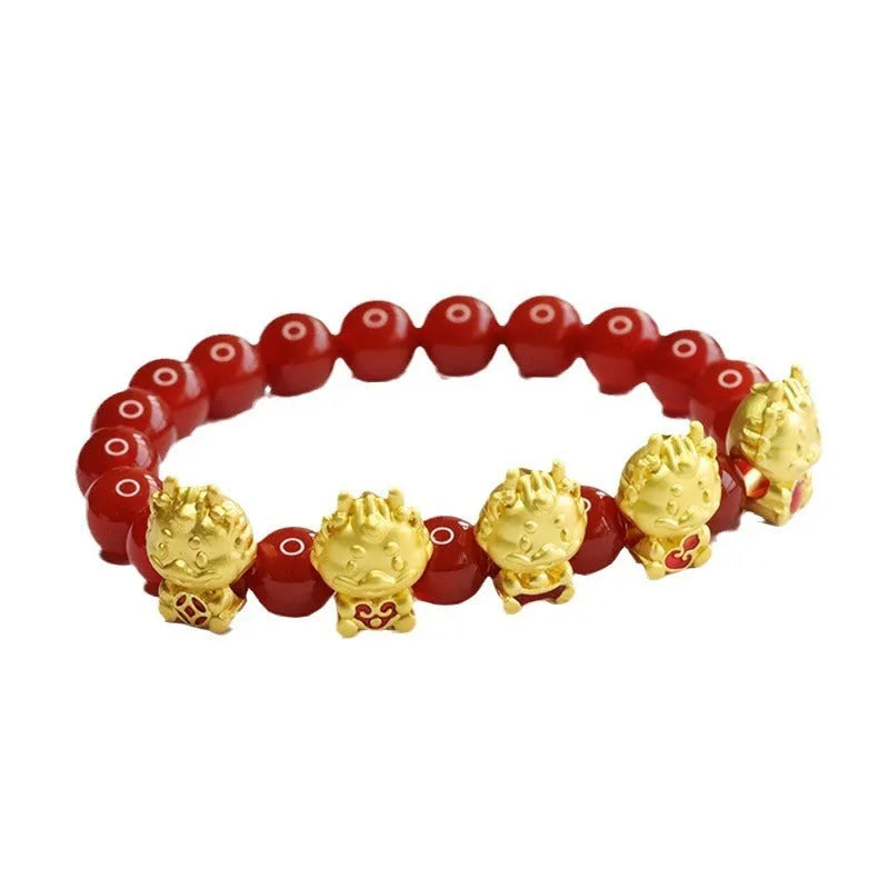 Red agate bracelet with Five Blessing Dragon carvings on 8mm beads