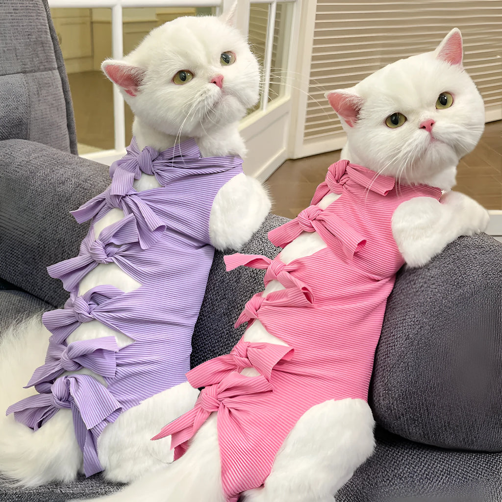 Lace-up cat sterilisation recovery clothing in purple, showing the adjustable fastening and full-body design.
