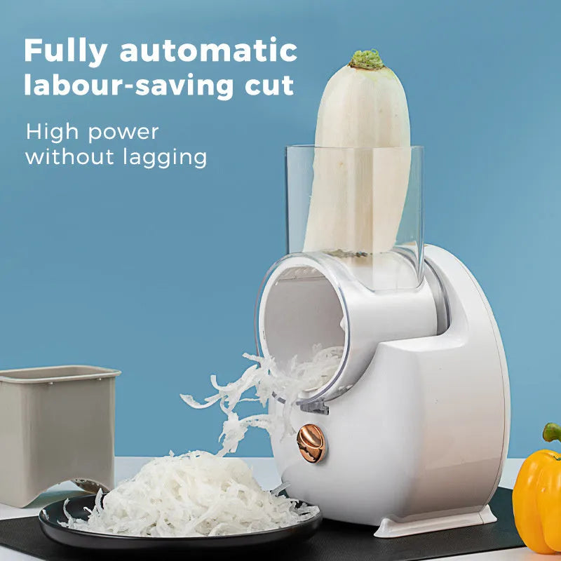 White electric vegetable slicer with strong suction base for potato carrot shredding and grating