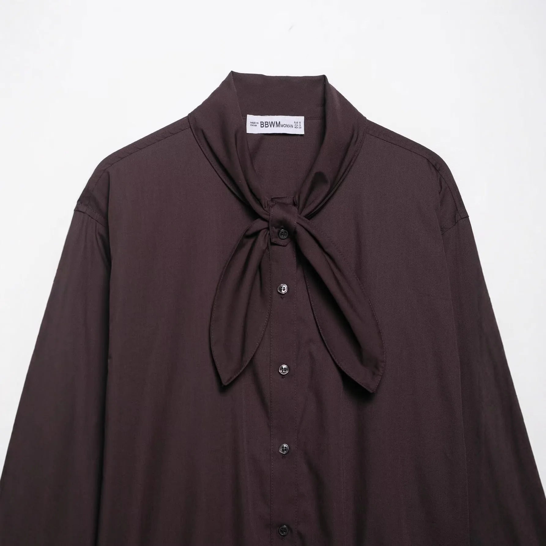 Brown women's long sleeve shirt with integrated poplin scarf and decorative bow tie