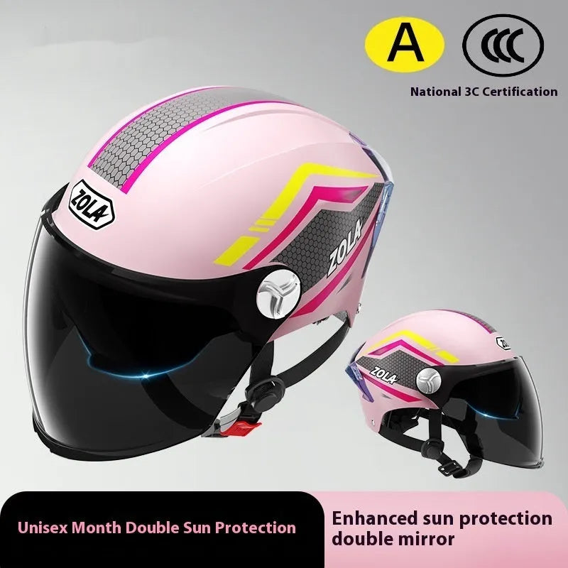 3C certified motorcycle half helmet with double mirror sun visor in light brown colour