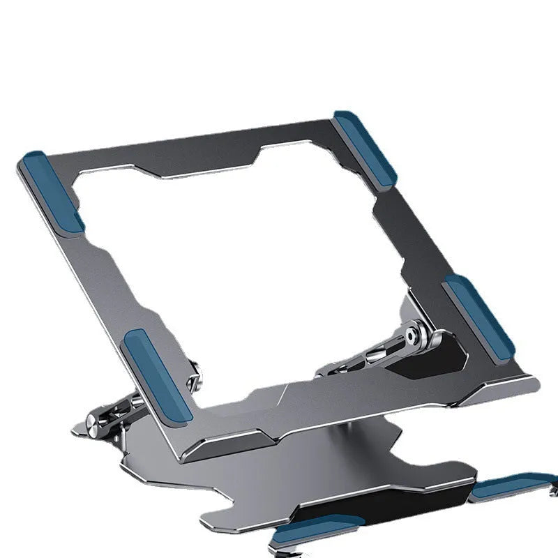 Grey aluminium alloy laptop stand showing adjustable angle mechanism and hollow heat dissipation design
